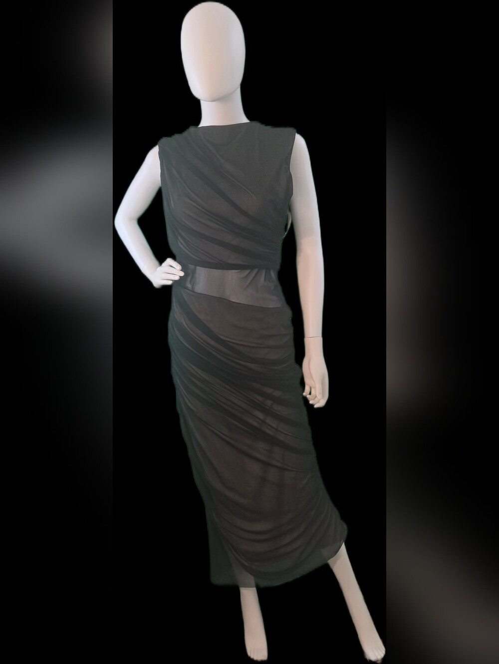 H&M Black Ruched Sheer-Panel Maxi Dress